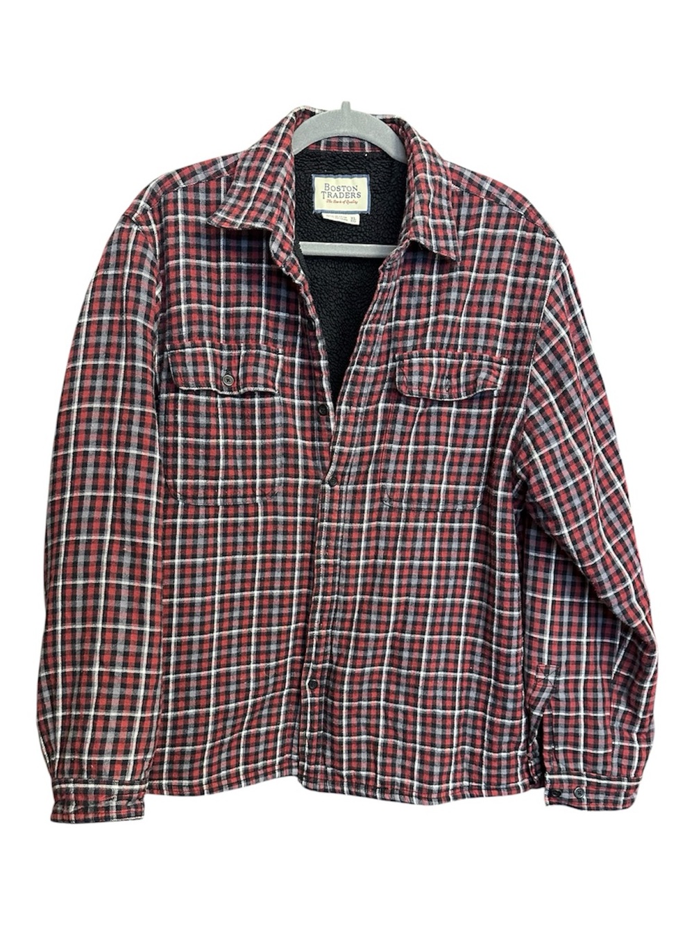 Boston Traders Unisex Sherpa Lined Plaid Flannel Shacket Red/Gray/Black XL - Picture 3 of 11